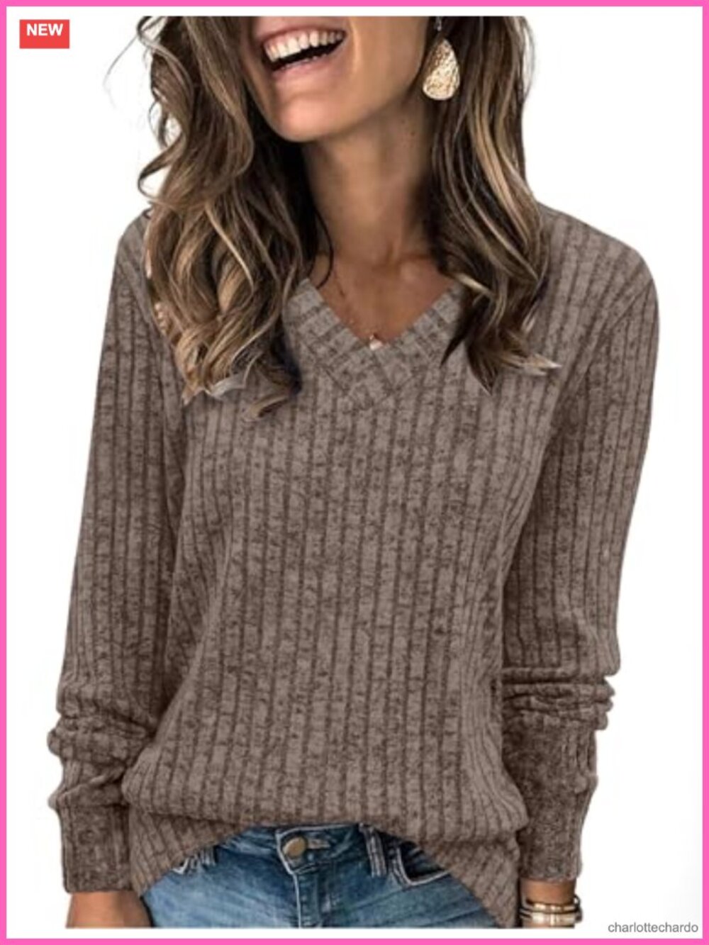 V-Neck Long Sleeve Tunic Sweater Lightweight Soft Loose Fit Casual Fall Top